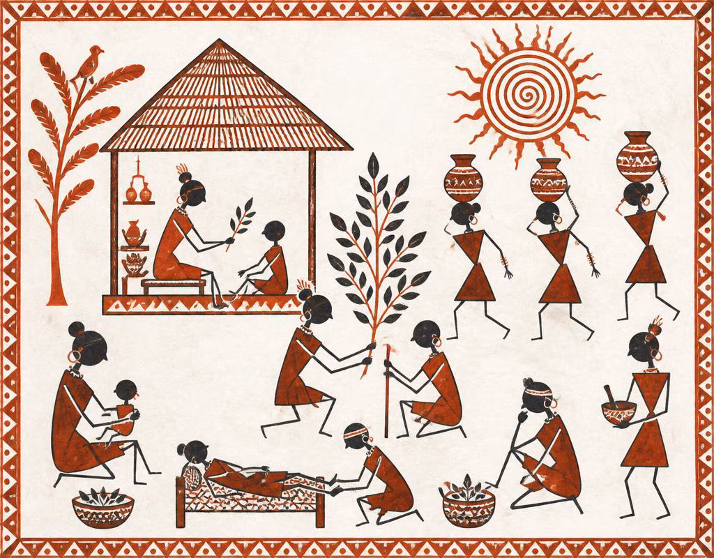 Warli painting of a village health camp