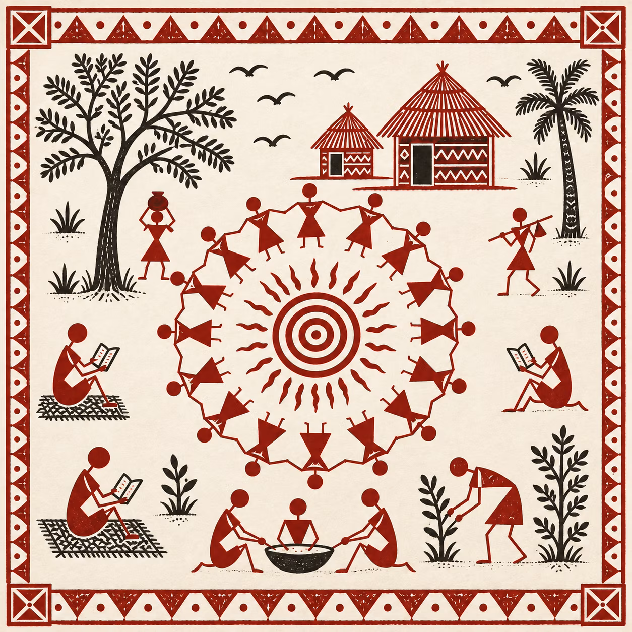 Warli painting of villagers dancing in a circle around the sun, with people reading, carrying water and tending crops around them